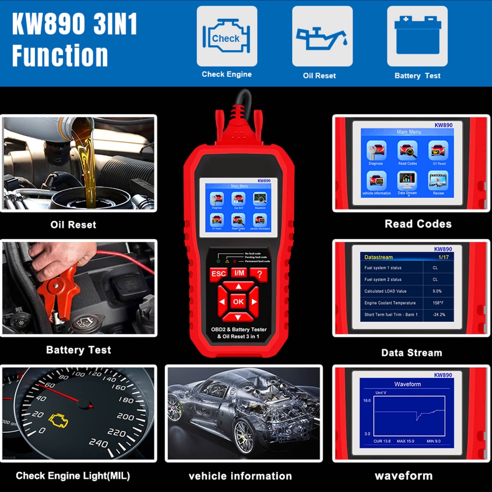 3 in 1 Battery Tester & Oil Service Light Reset & OBD2 Scanner Diagnostic Tool